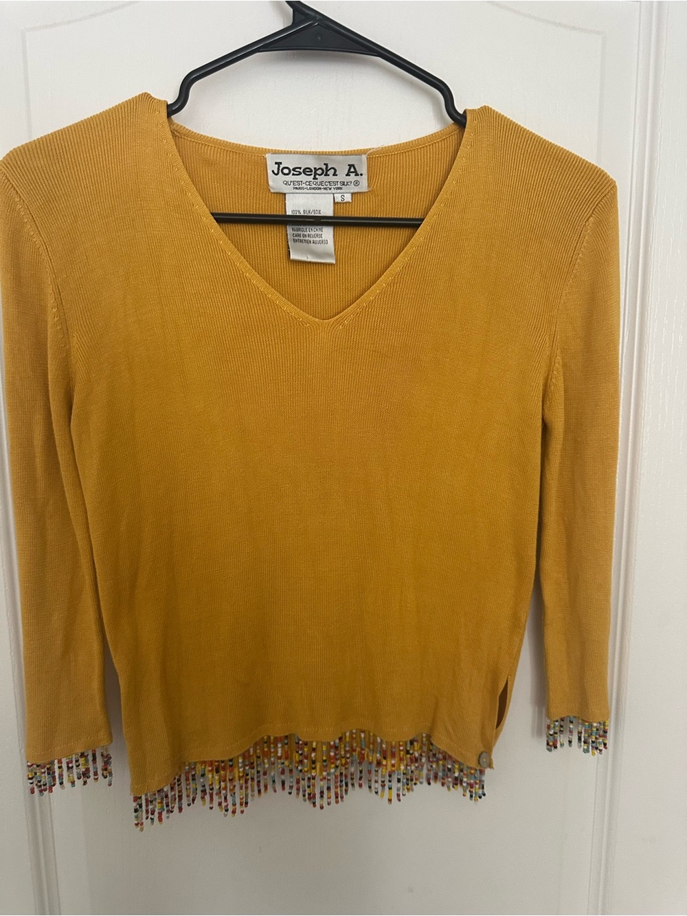 Joseph A. 100% Silk Beaded Fringe V-Neck Sweater Mustard Yellow Small